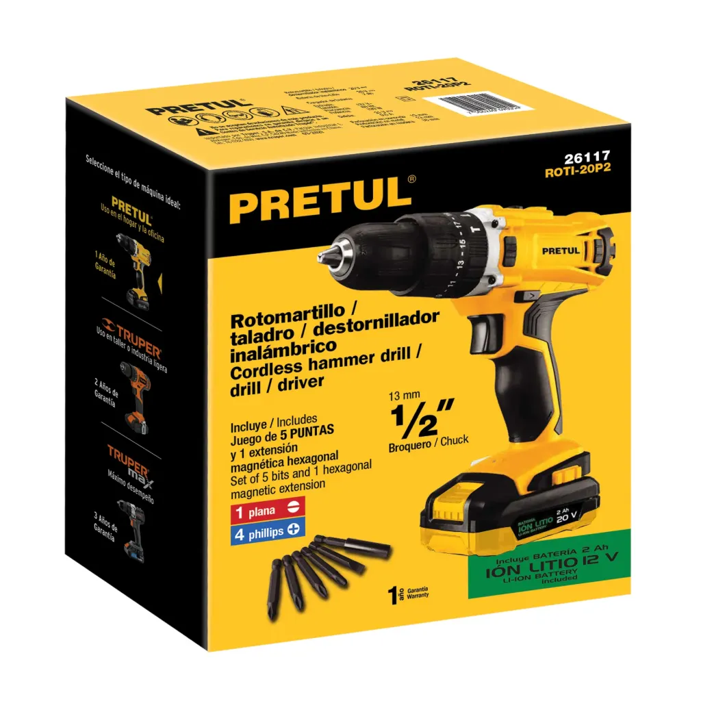 ROTOMARTILLO / TALADRO / DESTORNILLADOR INALAMBRICO 1/2" 20V PRETUL (TRUPER) 26117