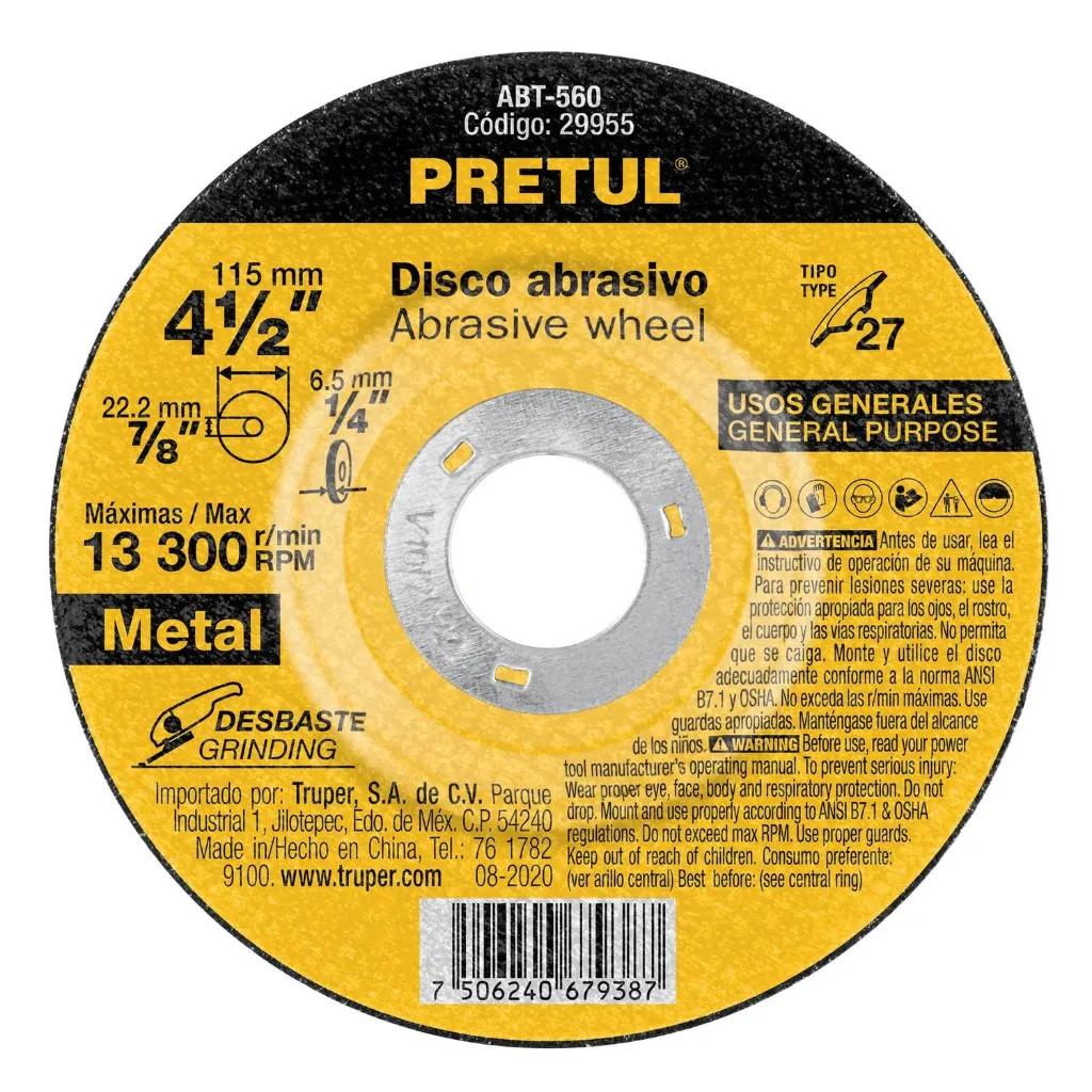 DISCO ABRASIVO PARA DESBASTE 4 1/2" PRETUL (TRUPER) 29955