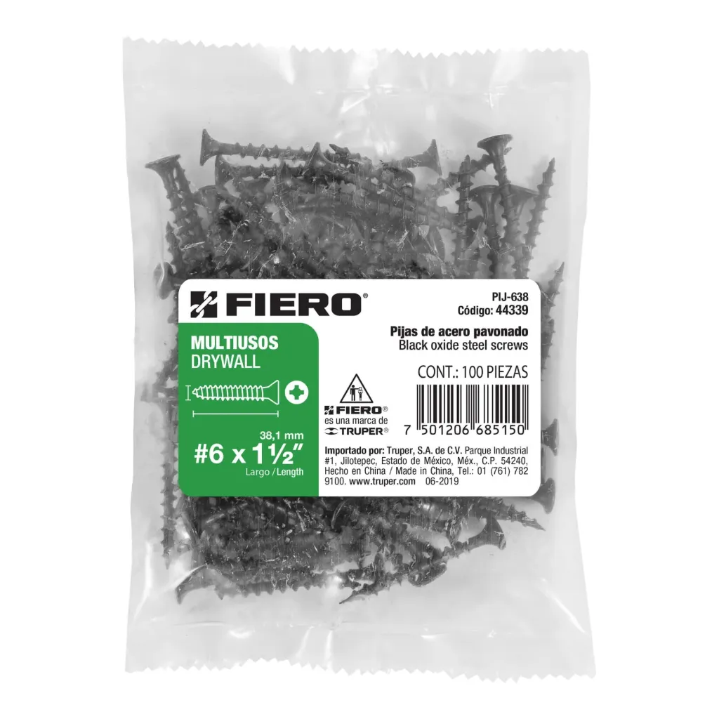 BOLSA 100 PIEZAS pijas #6 x 1-1/2'cabeza plana phillips multiusos FIERO TRUPER 44339