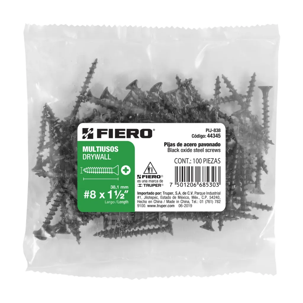 BOLSA 100 PIEZAS pijas #8 x 1-1/2'cabeza plana phillips multiusos FIERO TRUPER 44345
