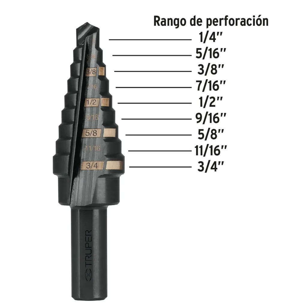[12123] BROCA ESCALONADA 9 ESCALONES DE 1/4" A 3/4" TRUPER 12123